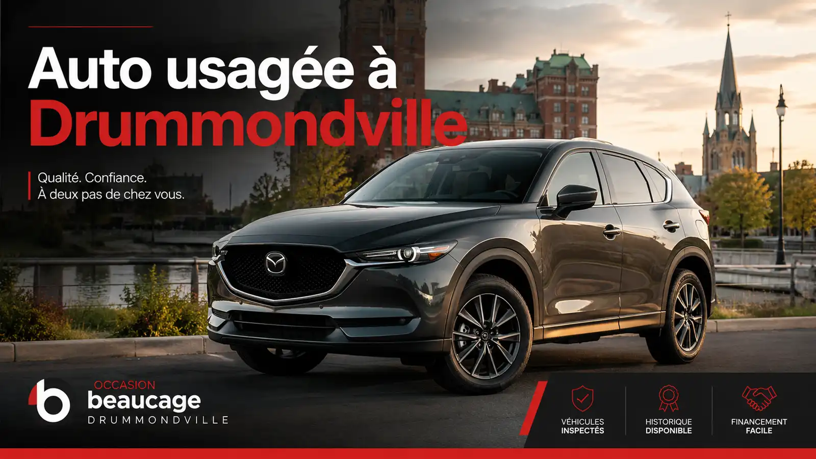 Mazda CX-5 gris stationné devant des bâtiments historiques et un clocher au coucher du soleil, avec le titre Auto usagée à Drummondville