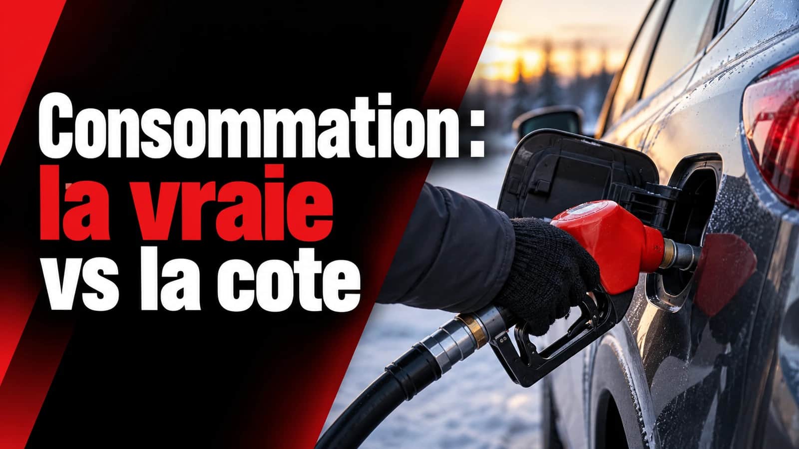 Plein d'essence d'une voiture grise givrée en hiver — consommation réelle comparée à la cote officielle