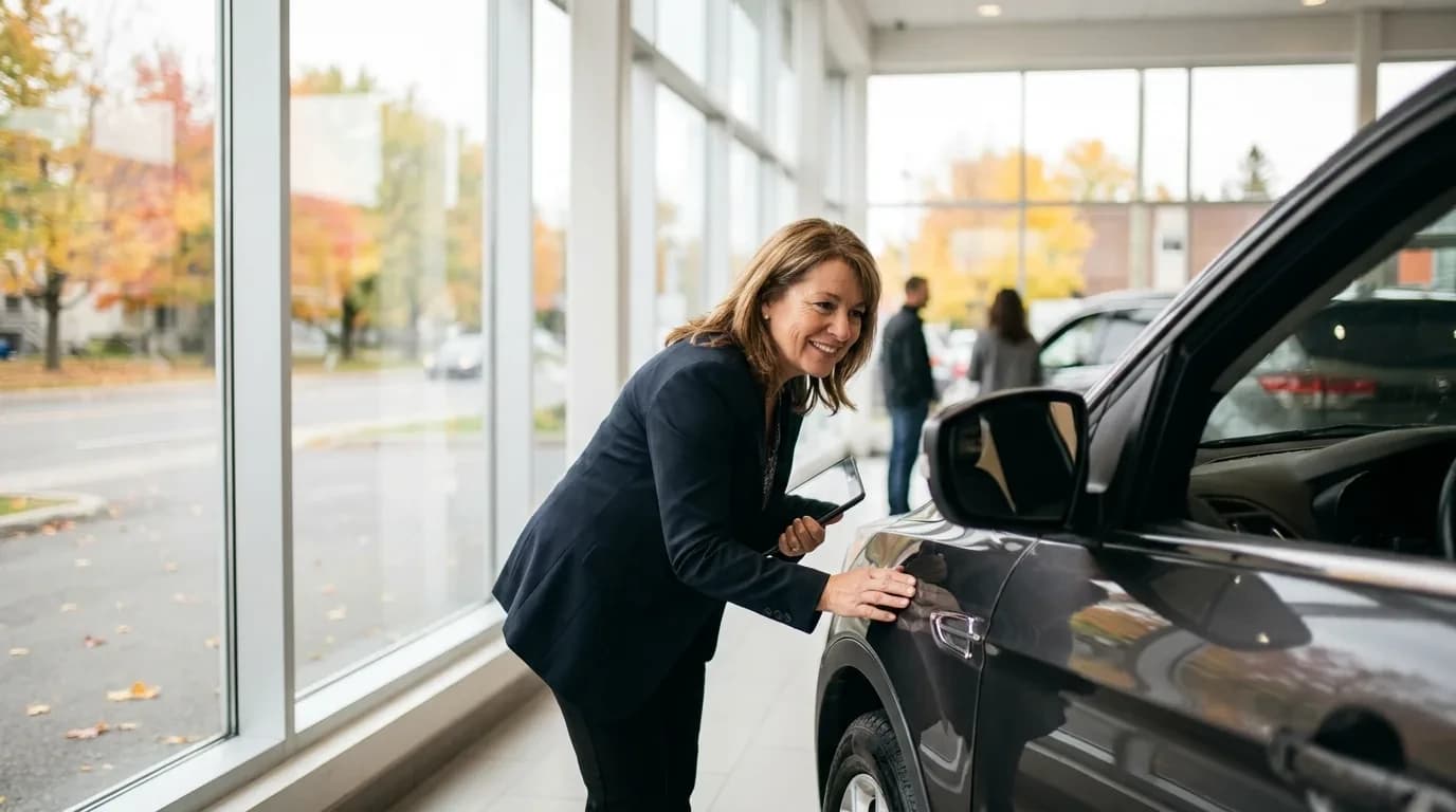 Conseillère Occasion Beaucage évaluant un VUS d'occasion en salle de montre