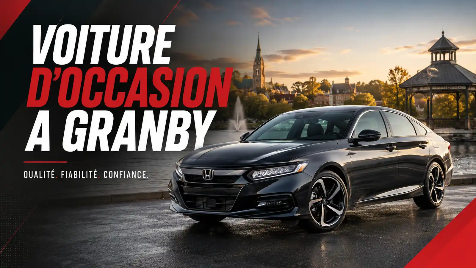 Honda Accord noire stationnée au bord d'un lac avec jet d'eau, clocher et kiosque au coucher du soleil, avec le titre de l'article
