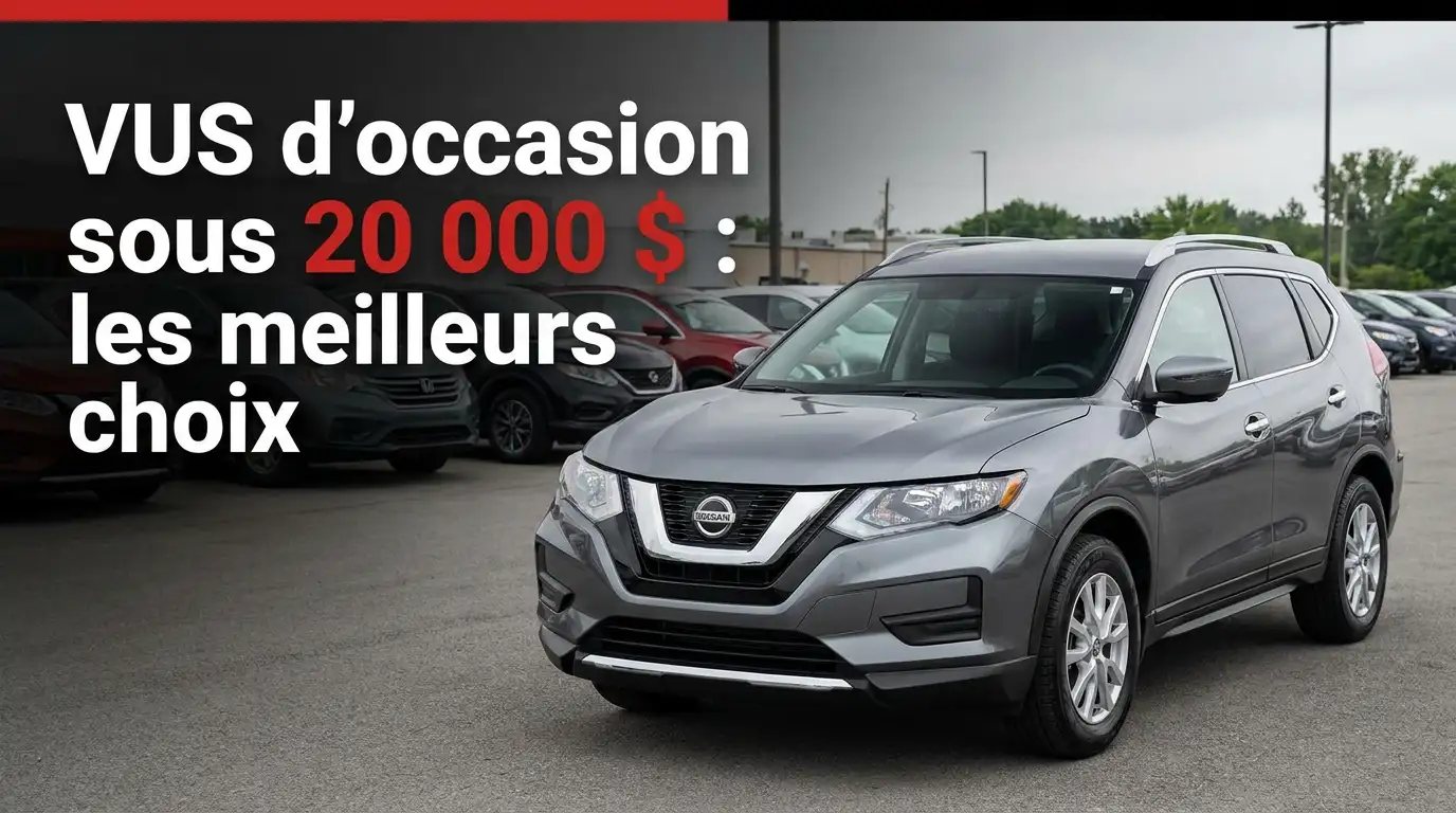 Nissan Rogue gris stationné dans une cour de véhicules d'occasion, avec le titre VUS d'occasion sous 20 000 $ : les meilleurs choix