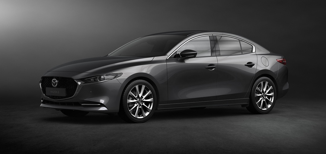vue 3/4 avant et latérale de la Mazda Mazda3 2020 grise